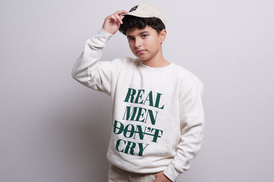 Boys "Real Men Don't Cry" Crewneck Sweatshirt (Natural Heather/Green)