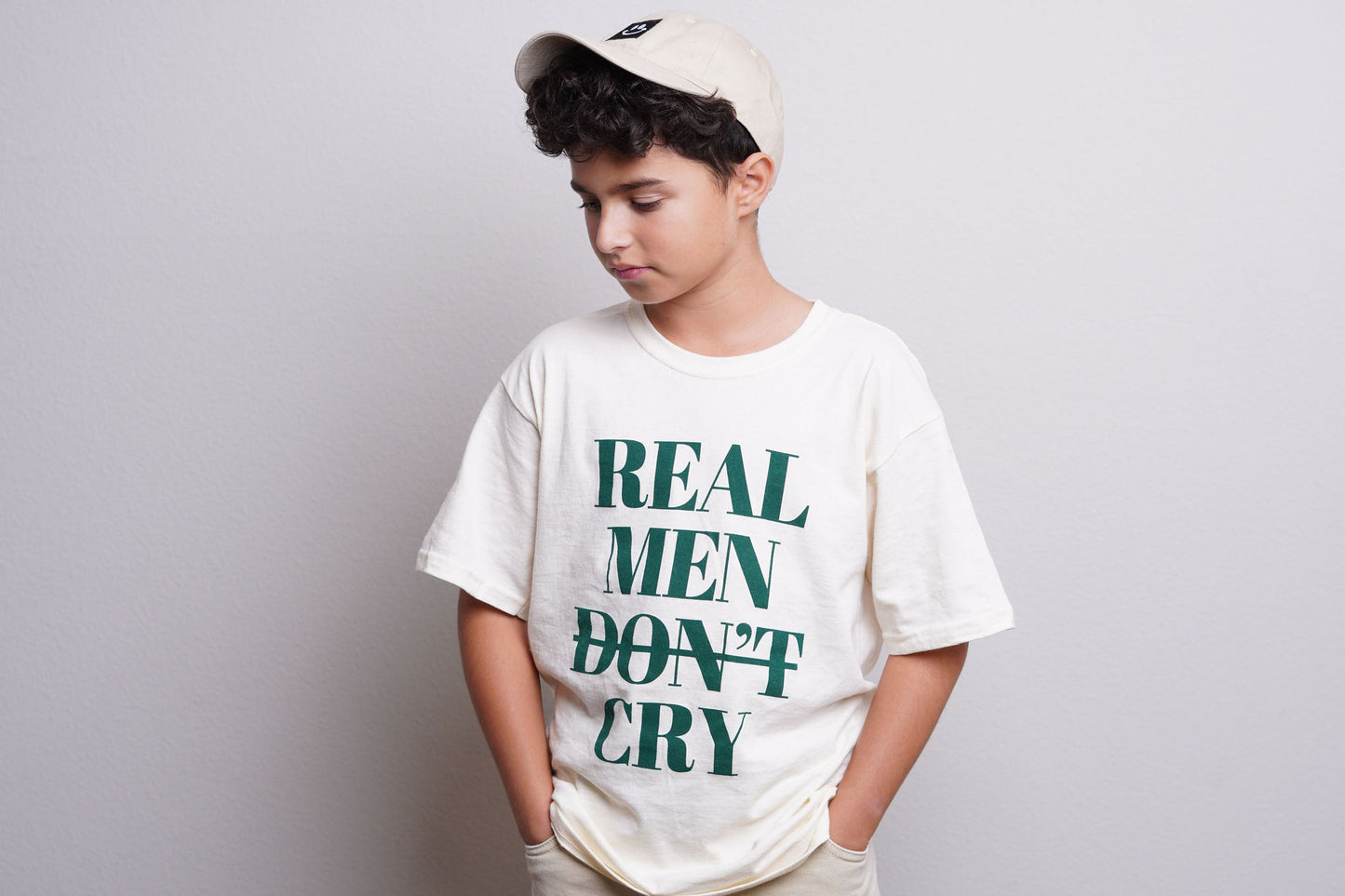 Boys "Real Men Don't Cry" Crewneck T-Shirt (Beige/Green)