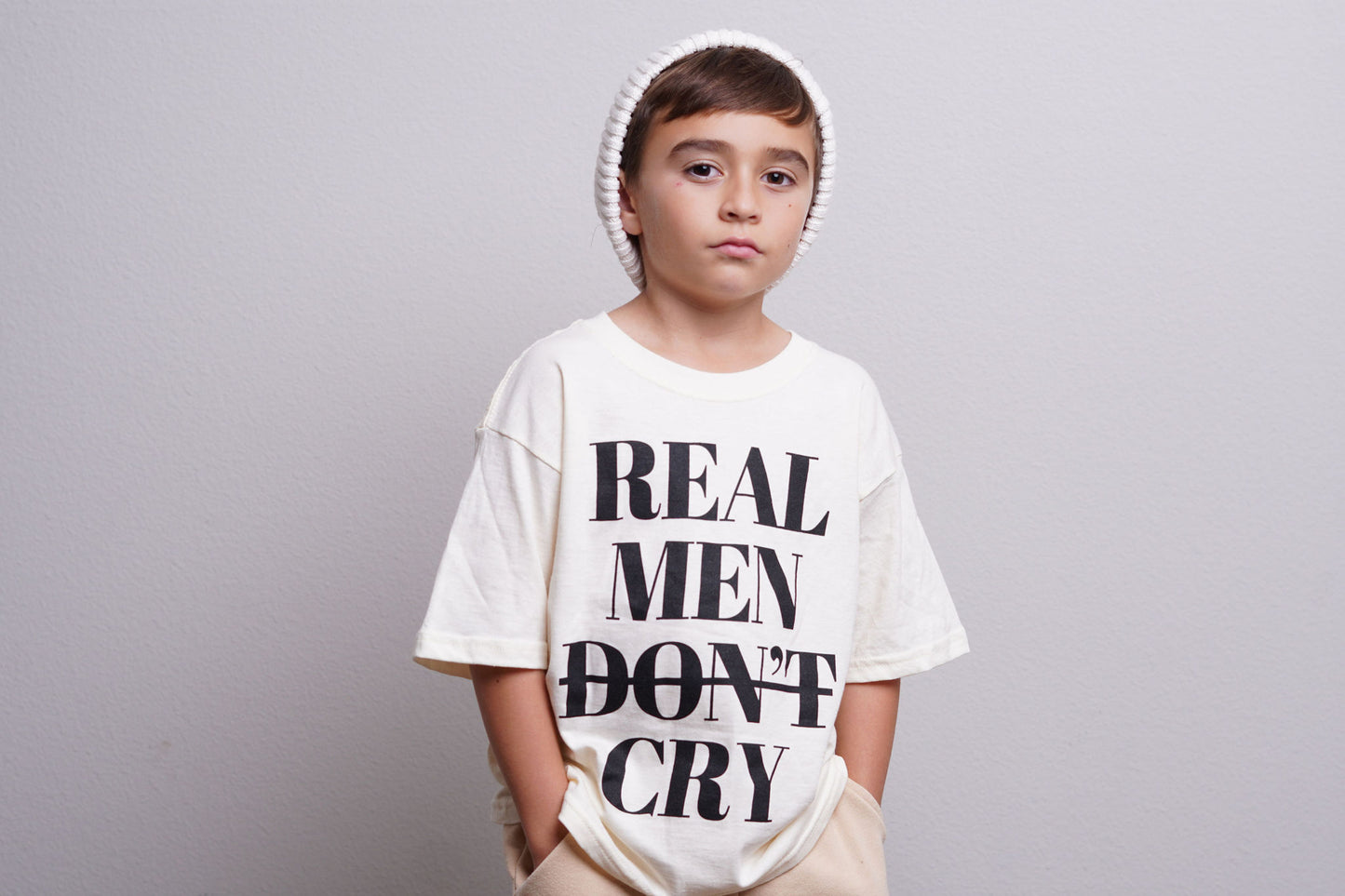 Boys "Real Men Don't Cry" Crewneck T-Shirt (Beige/Black)